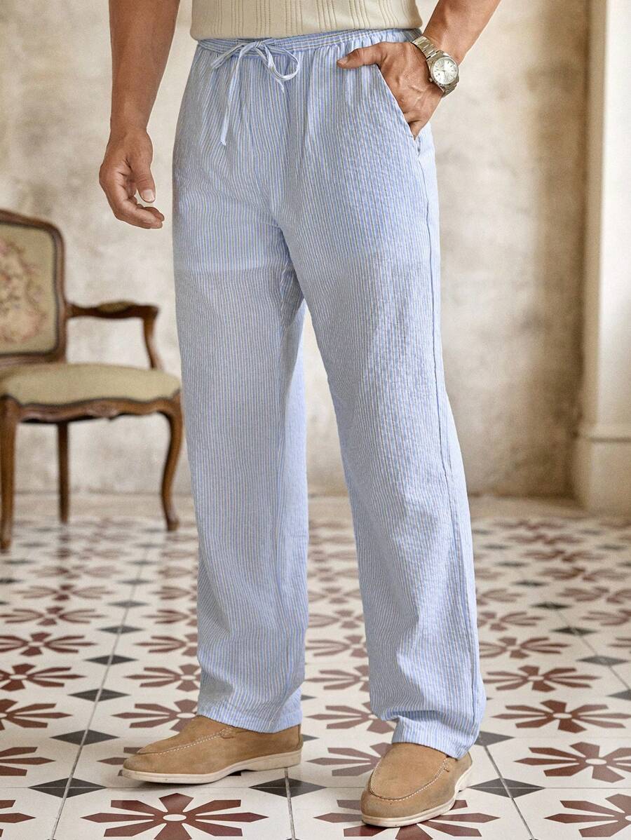 Pantalon de lin rayé avec cordon de serrage pour homme – Coupe décontractée