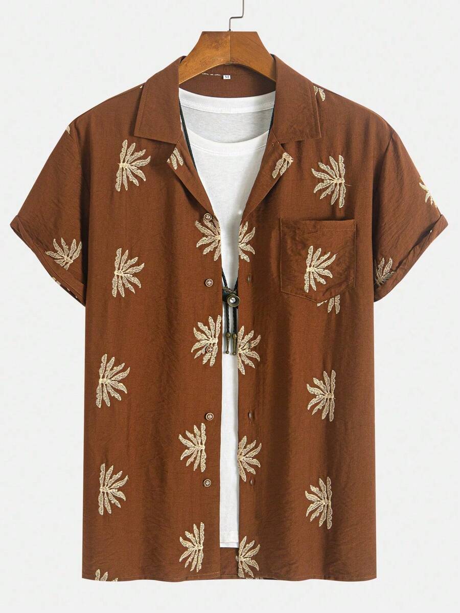 Chemise jacquard brodée tropicale pour homme - Manches chauve-souris légères