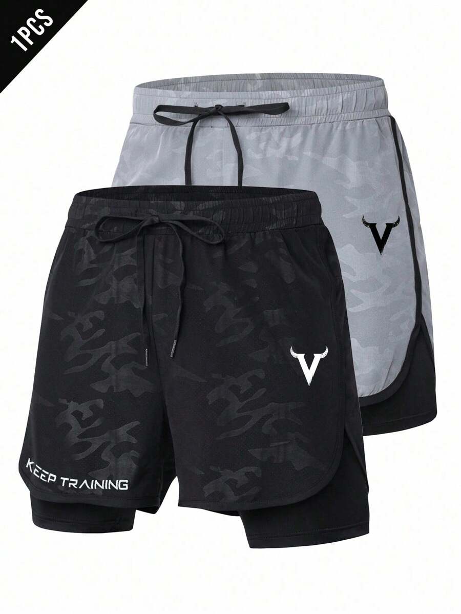 Shorts de sport à taille élastique imprimé lettre et cordon stylé