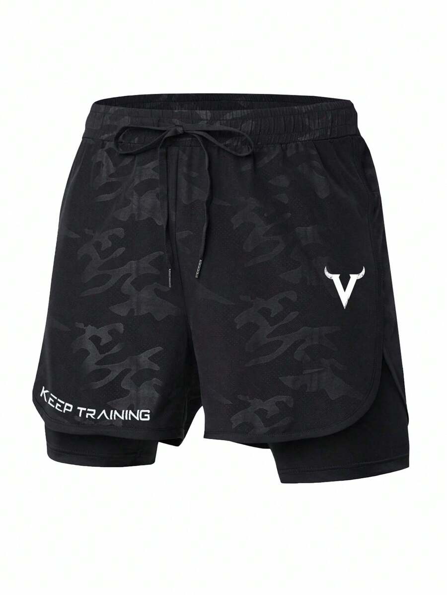 Shorts de sport à taille élastique imprimé lettre et cordon stylé