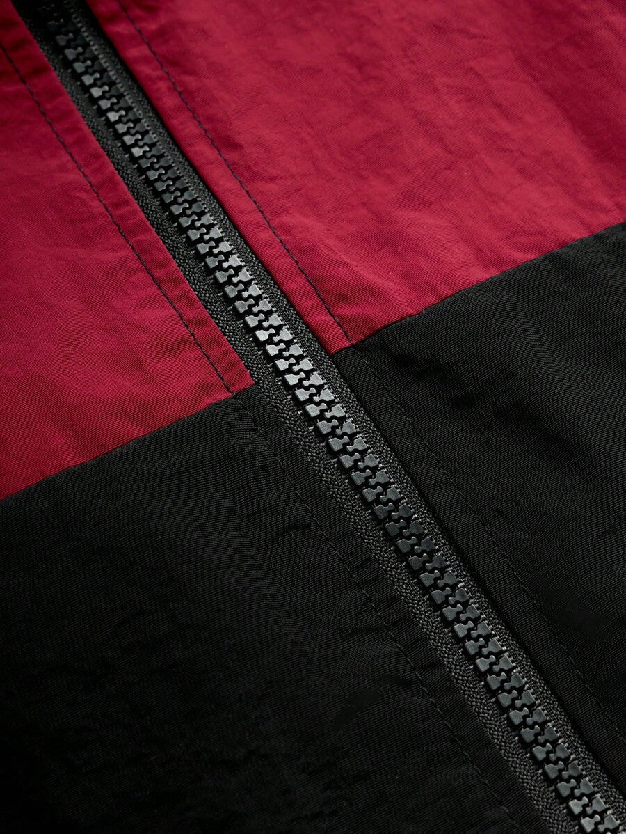 Coupe-vent zippé colorblock avec cordon de serrage et col cheminée