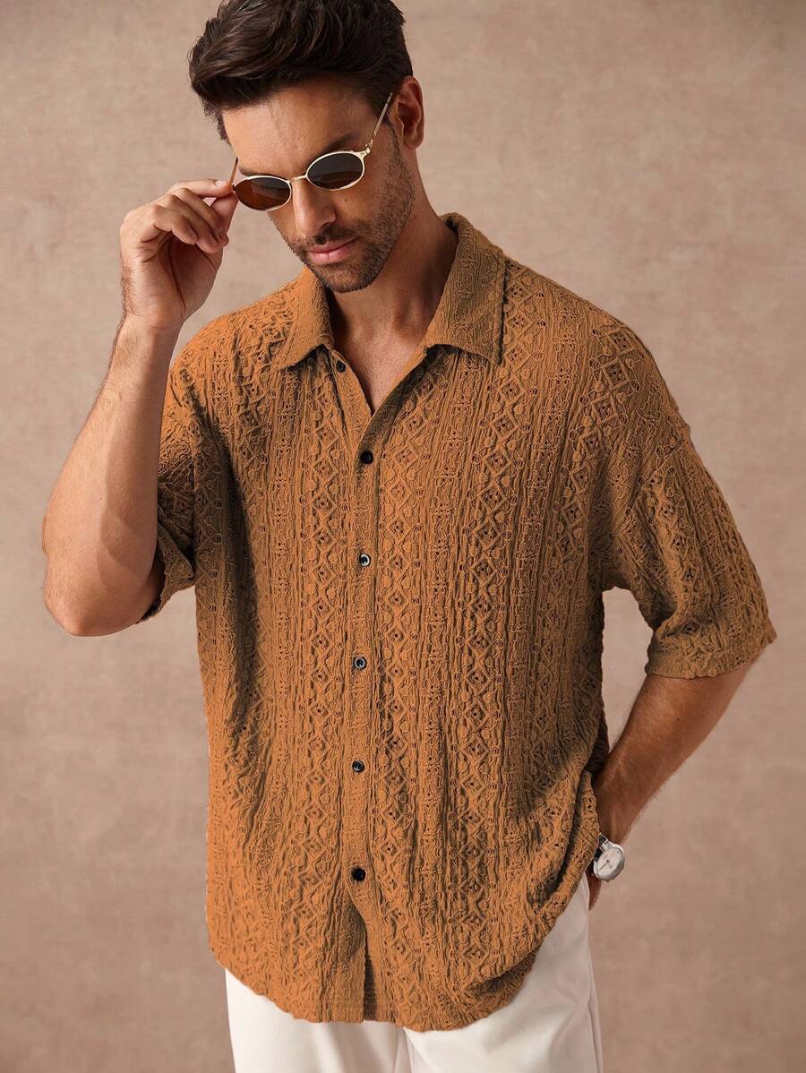 Chemise jacquard texturée au crochet pour homme - Tricot géométrique décontracté