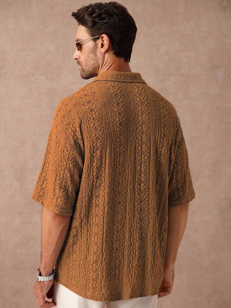 Chemise jacquard texturée au crochet pour homme - Tricot géométrique décontracté