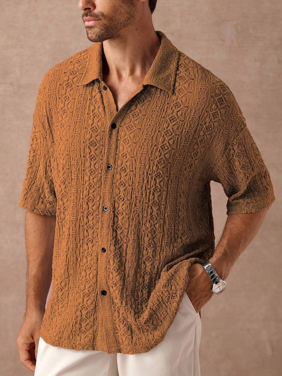 Chemise jacquard texturée au crochet pour homme - Tricot géométrique décontracté