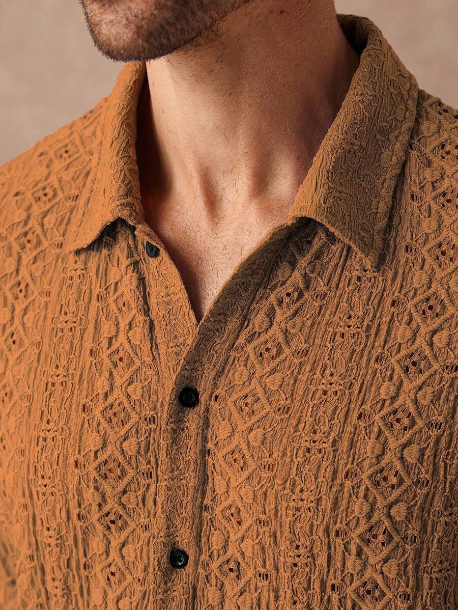 Chemise jacquard texturée au crochet pour homme - Tricot géométrique décontracté