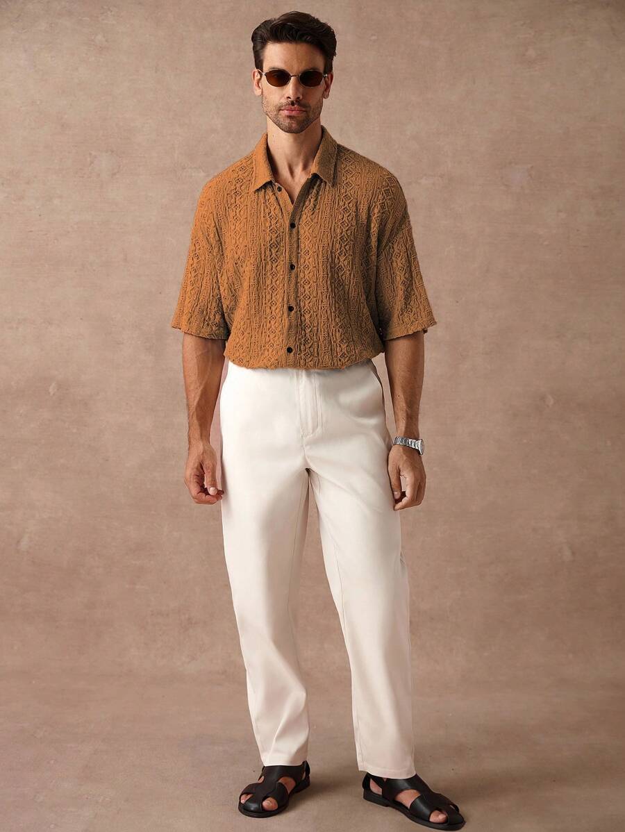 Chemise jacquard texturée au crochet pour homme - Tricot géométrique décontracté