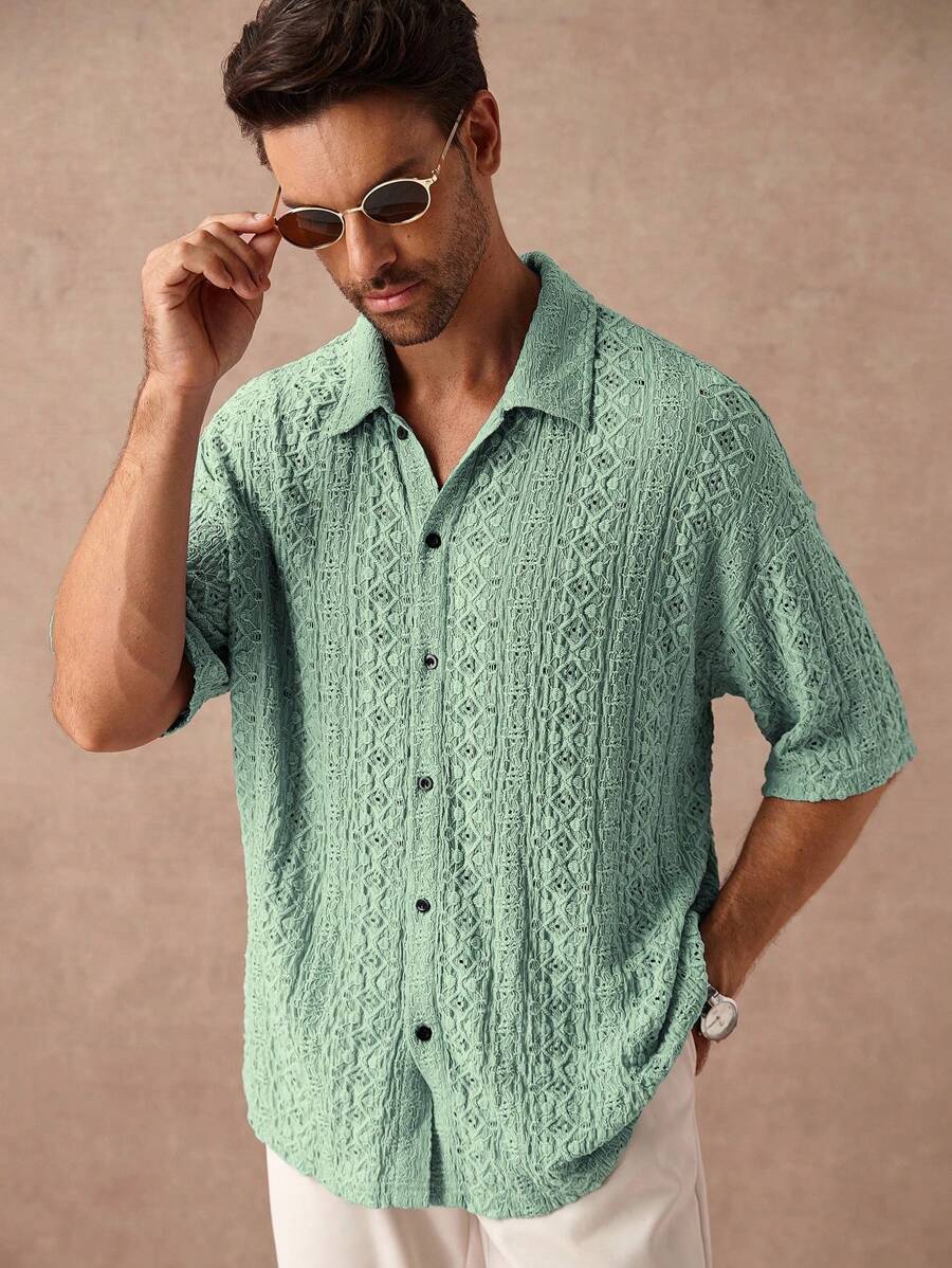 Chemise jacquard texturée au crochet pour homme - Tricot géométrique décontracté