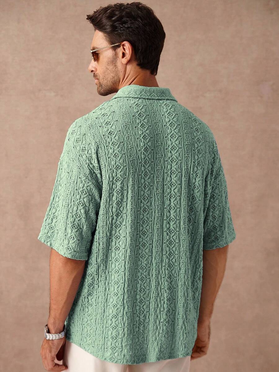 Chemise jacquard texturée au crochet pour homme - Tricot géométrique décontracté