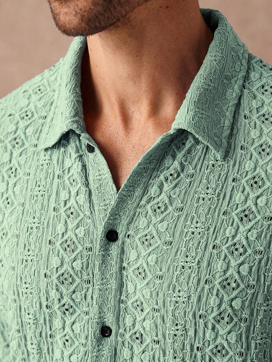 Chemise jacquard texturée au crochet pour homme - Tricot géométrique décontracté