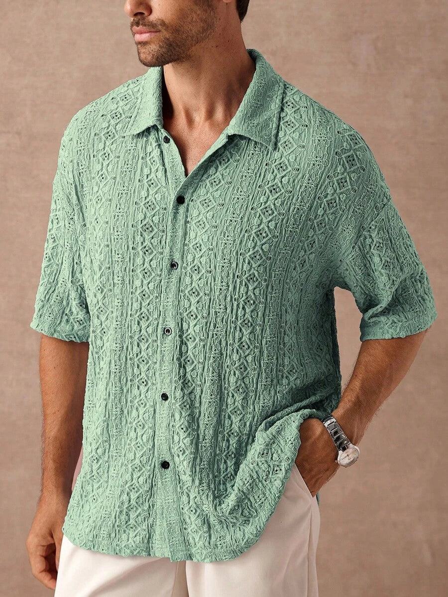 Chemise jacquard texturée au crochet pour homme - Tricot géométrique décontracté