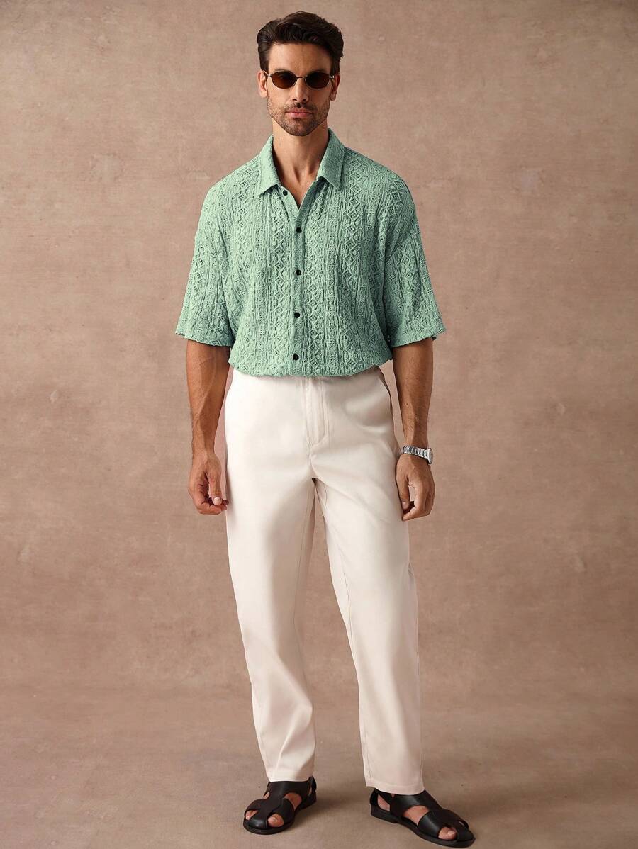 Chemise jacquard texturée au crochet pour homme - Tricot géométrique décontracté
