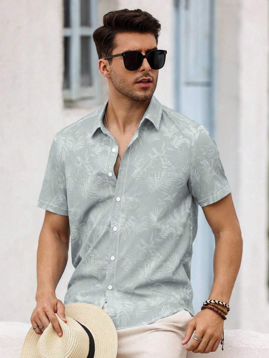 Chemise boutonnée décontractée à manches courtes et col imprimé graphique tropical