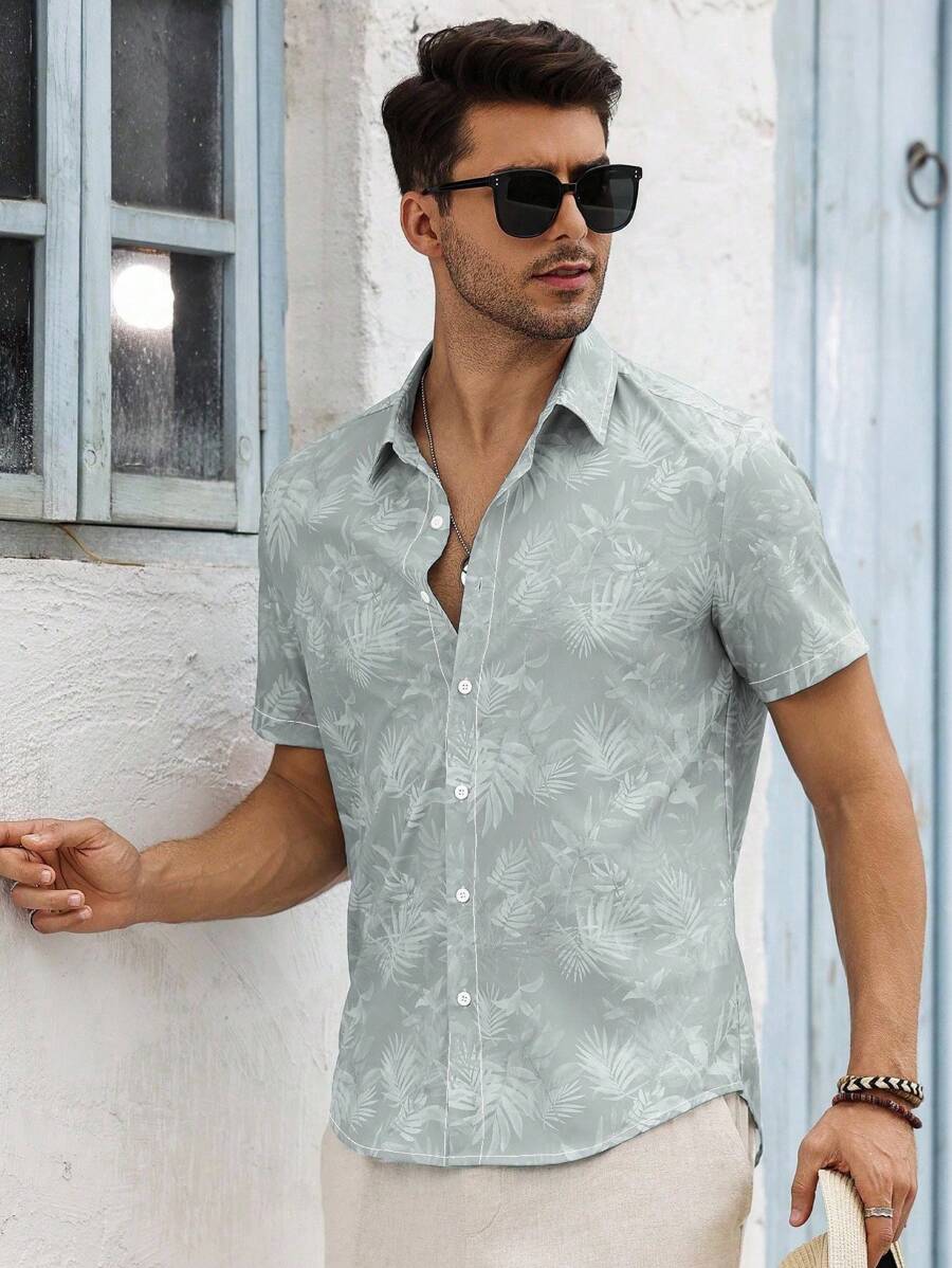 Chemise boutonnée décontractée à manches courtes et col imprimé graphique tropical
