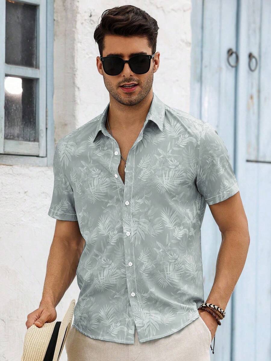 Chemise boutonnée décontractée à manches courtes et col imprimé graphique tropical