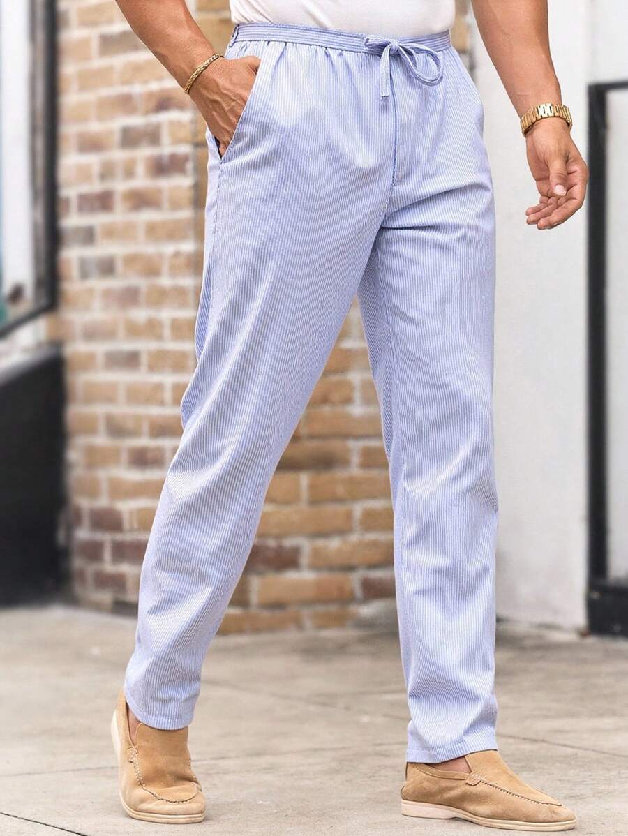 Pantalon de lin rayé avec cordon de serrage pour homme – Coupe décontractée