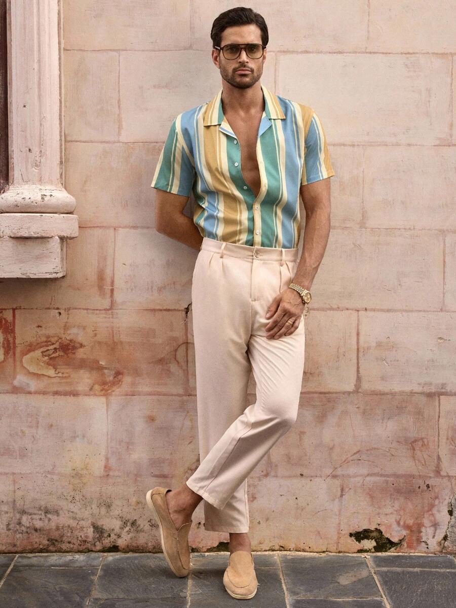 Chemise boutonnée classique à col chinois avec texture pour homme