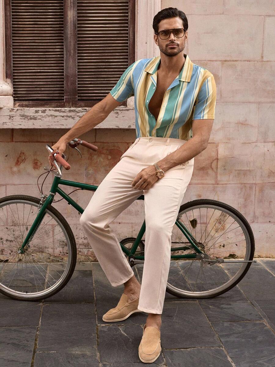 Chemise boutonnée classique à col chinois avec texture pour homme