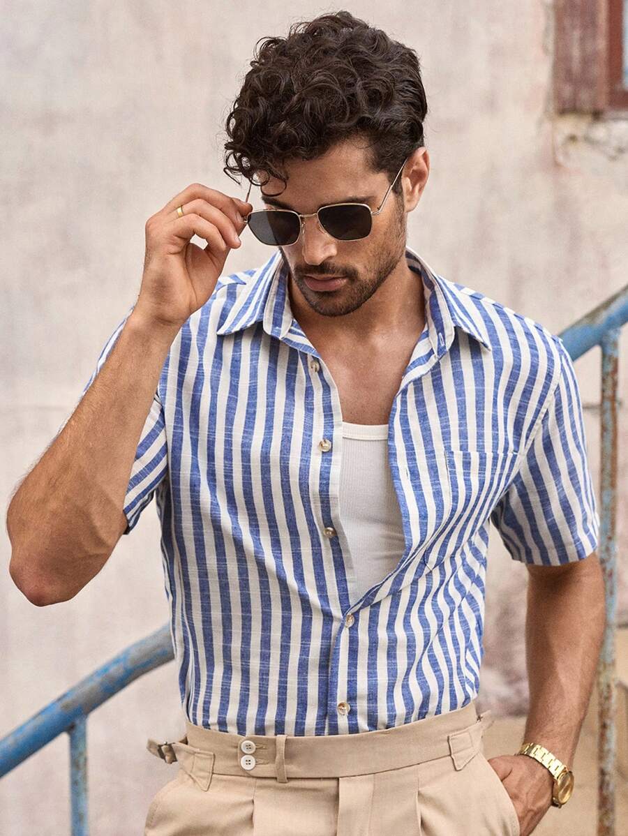 Chemise boutonnée classique à col chinois avec texture pour homme