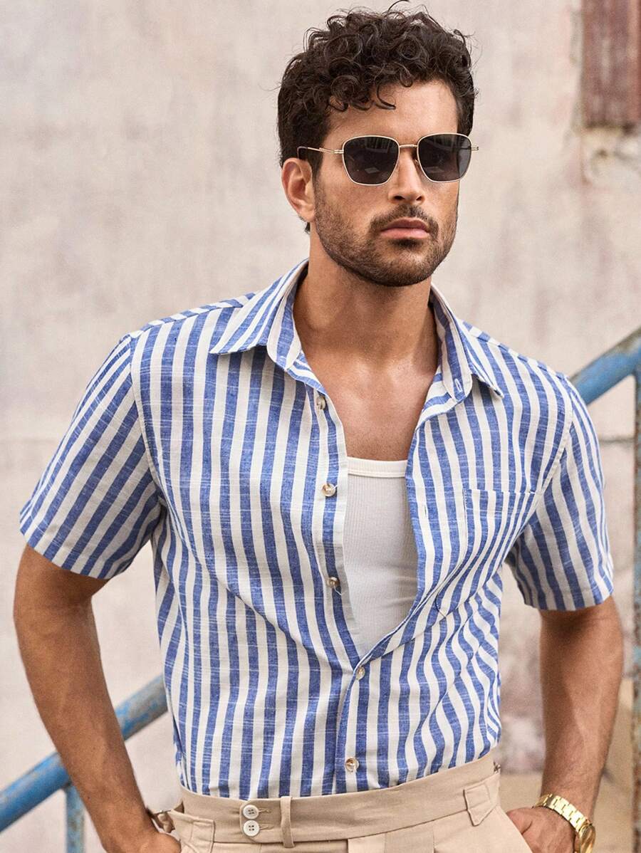 Chemise boutonnée classique à col chinois avec texture pour homme