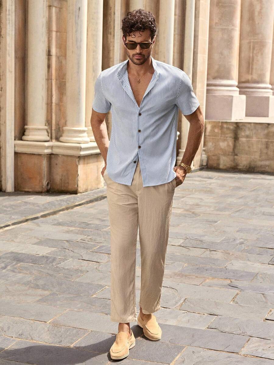 Chemise boutonnée classique à col chinois avec texture pour homme