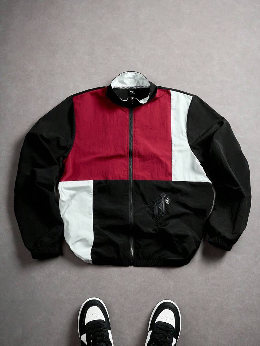 Coupe-vent zippé colorblock avec cordon de serrage et col cheminée