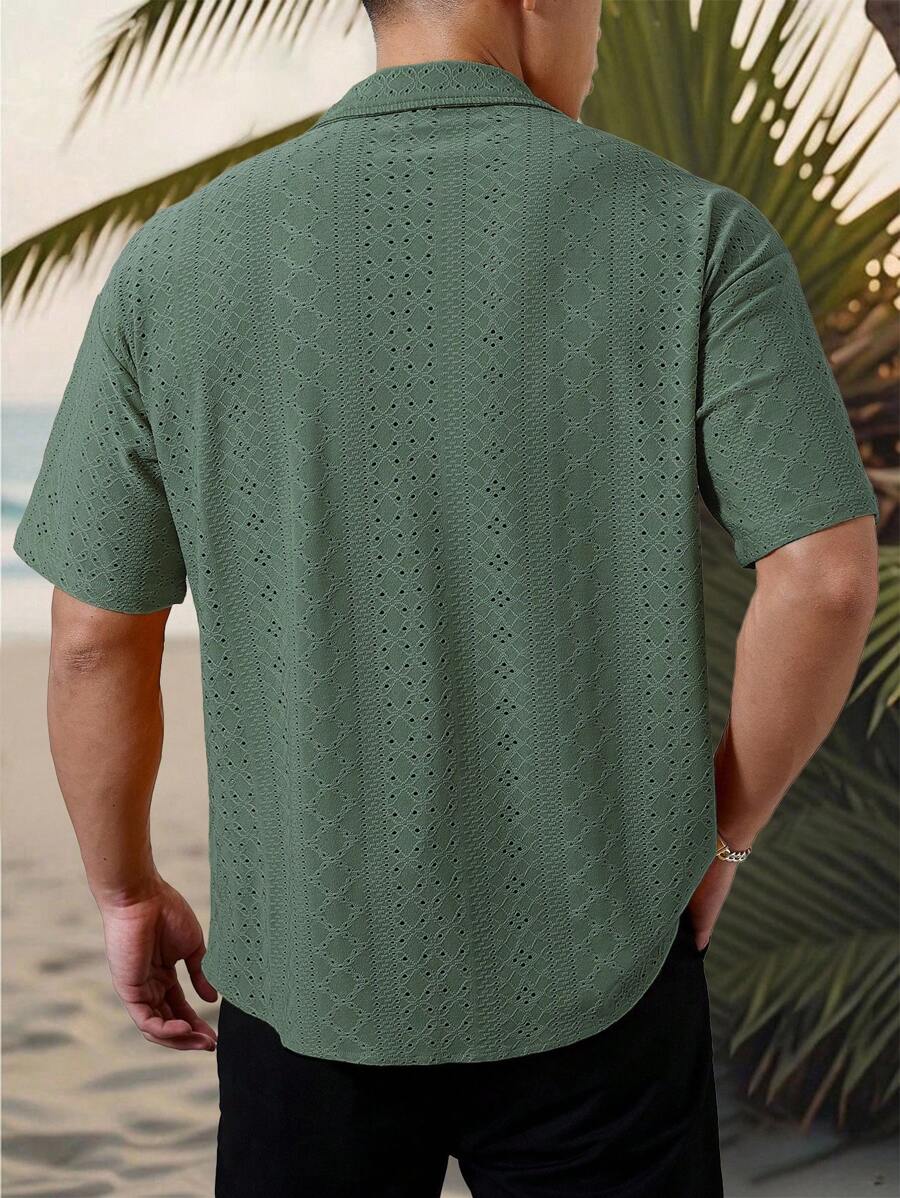Chemise jacquard texturée au crochet pour homme - Tricot géométrique décontracté