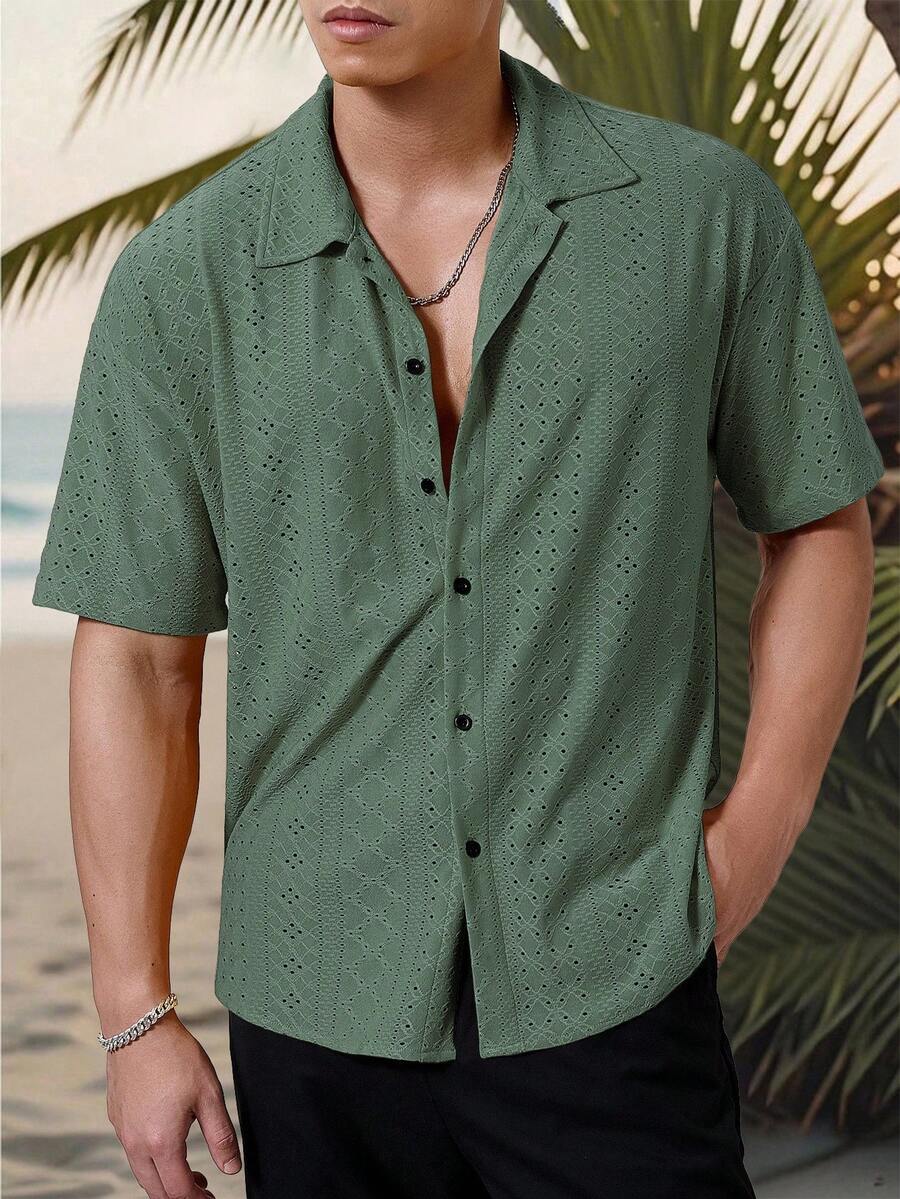 Chemise jacquard texturée au crochet pour homme - Tricot géométrique décontracté