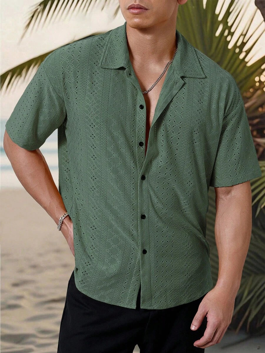 Chemise jacquard texturée au crochet pour homme - Tricot géométrique décontracté