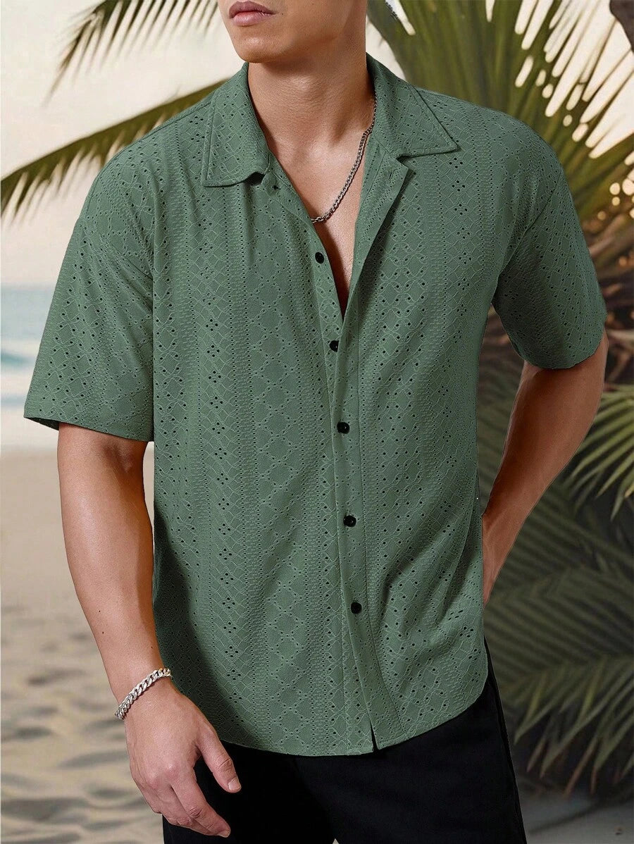 Chemise jacquard texturée au crochet pour homme - Tricot géométrique décontracté