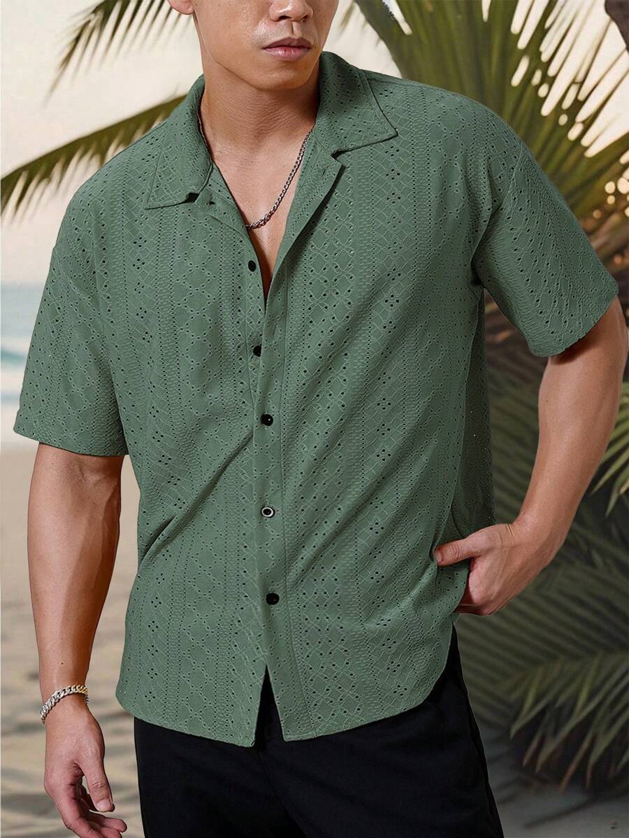 Chemise jacquard texturée au crochet pour homme - Tricot géométrique décontracté