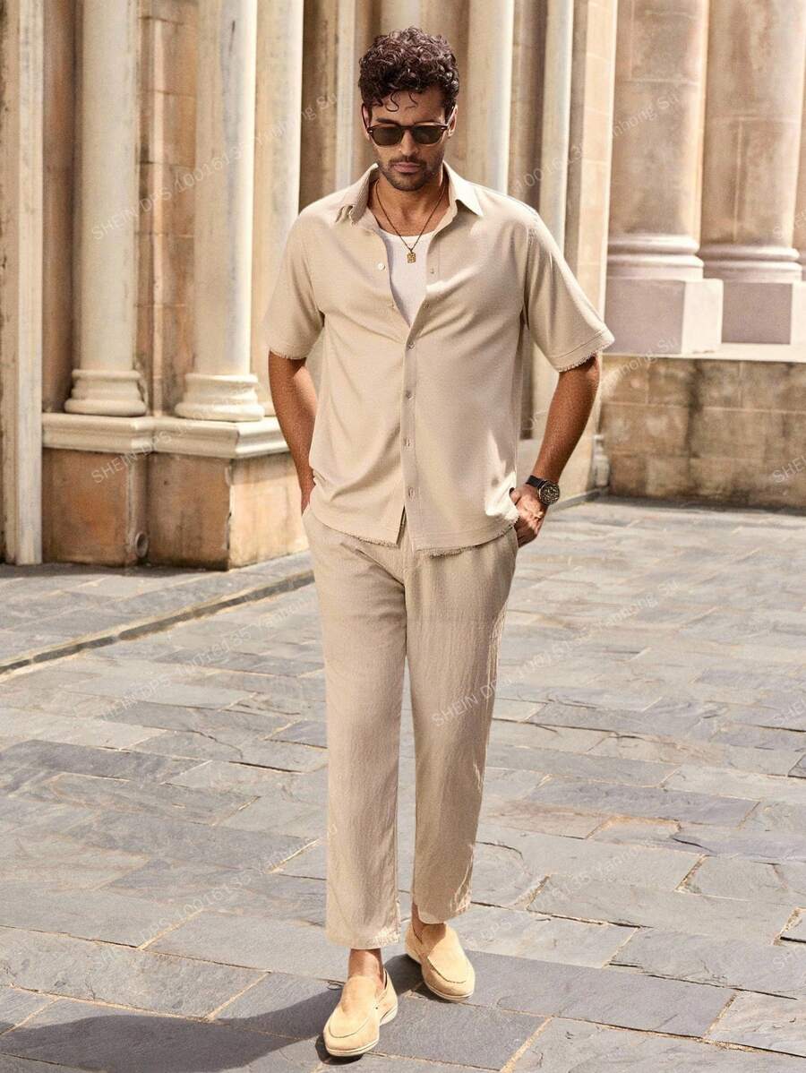 Chemise boutonnée classique à col chinois avec texture pour homme