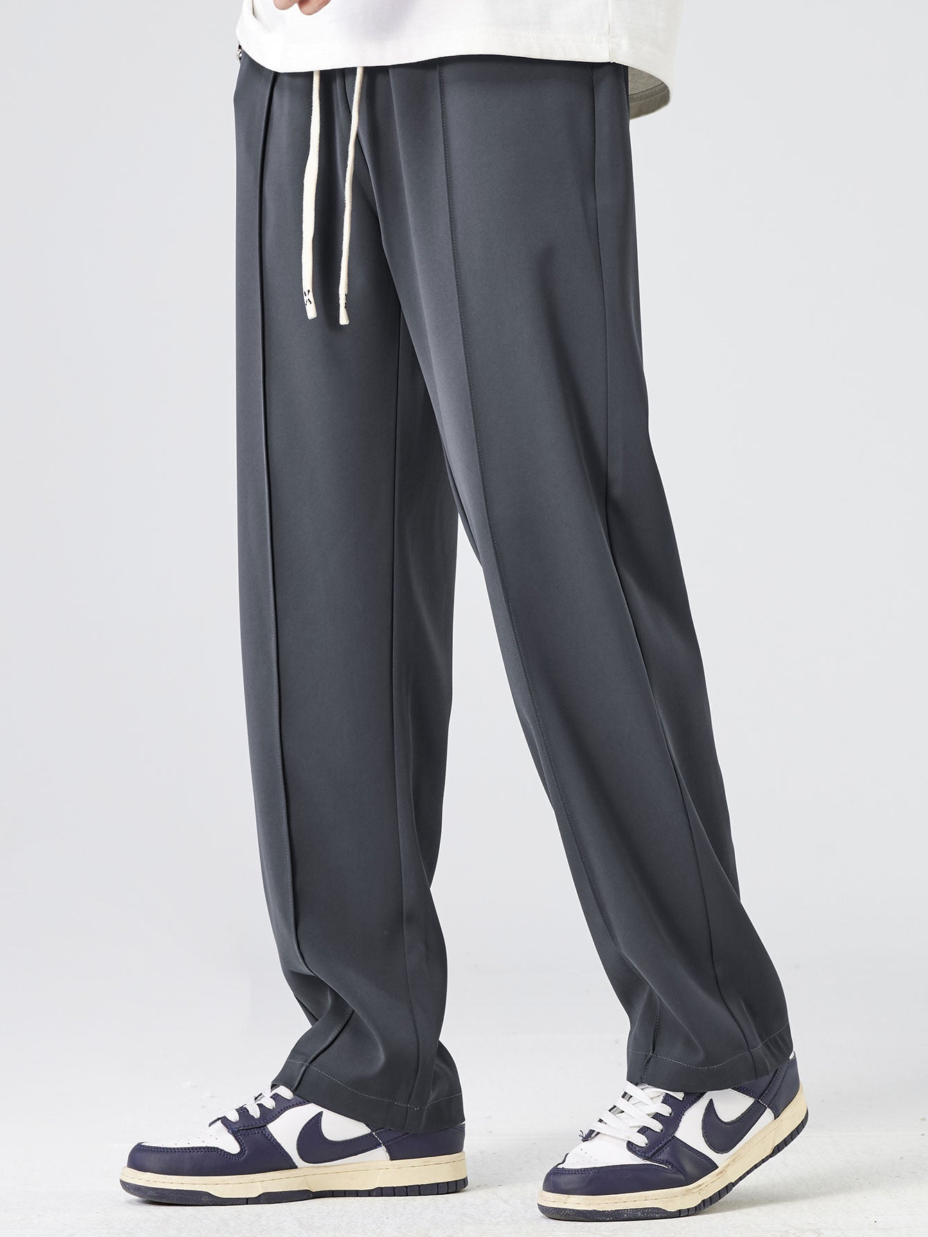 Pantalon droit élégant à simple pli et cordon de serrage pour homme