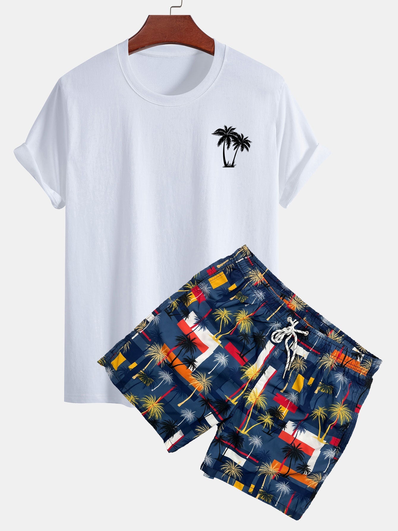 Ensemble t-shirt et short de bain imprimé palmiers – Tenue de plage d'été pour homme
