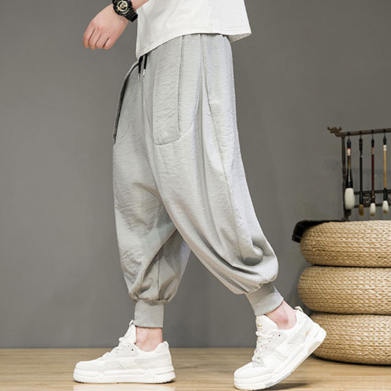 Pantalon de survêtement fuselé respirant en lin et coton avec chevilles élastiques