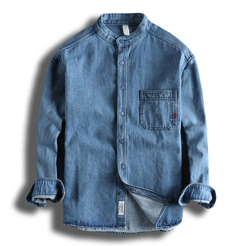 Chemise boutonnée en denim doux à manches longues et poche avant