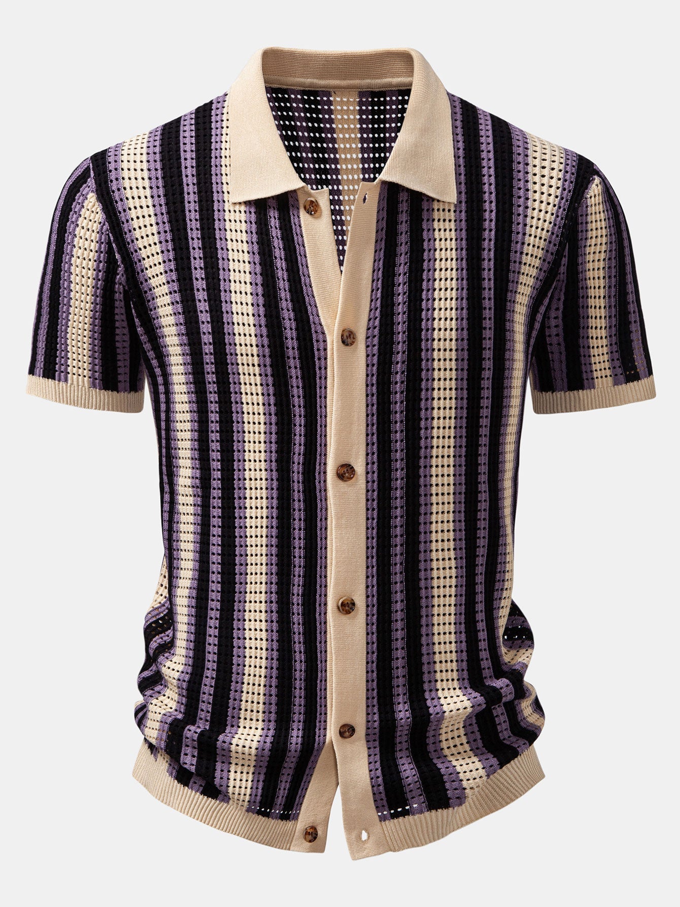 Chemise boutonnée à manches courtes en crochet à rayures et motif ajouré