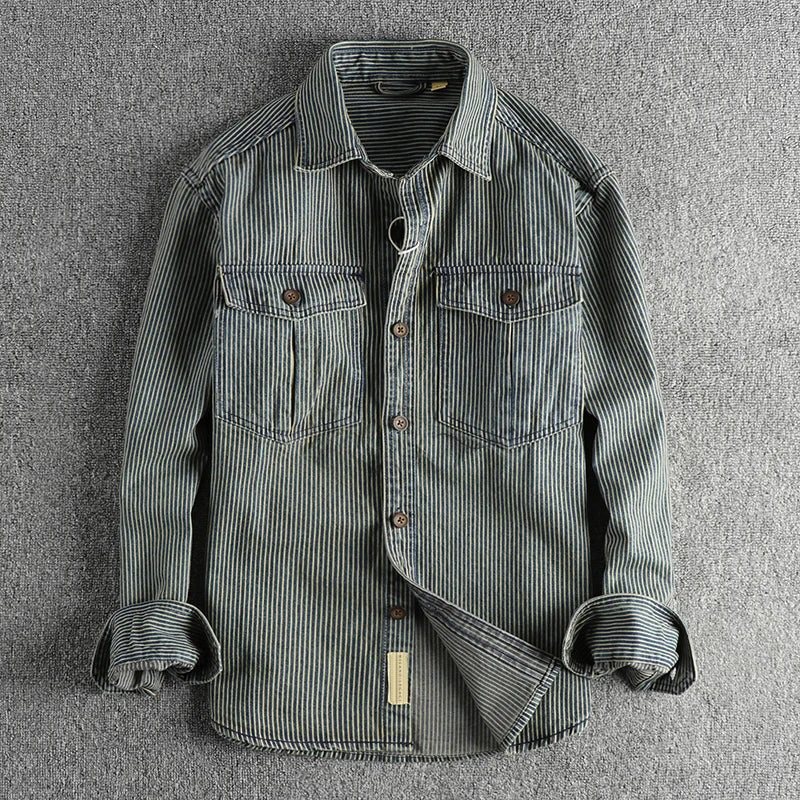 Chemise en jean à rayures vintage pour homme avec boutons et multipoches