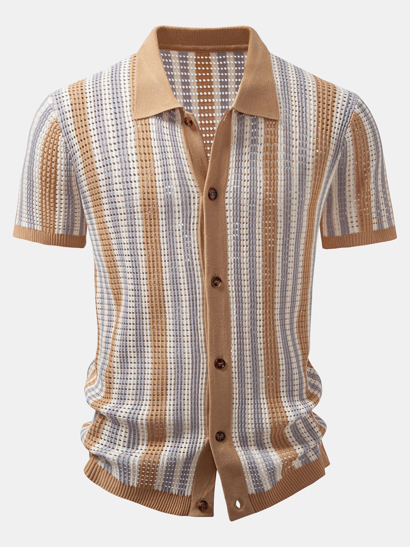 Chemise boutonnée à manches courtes en crochet à rayures et motif ajouré