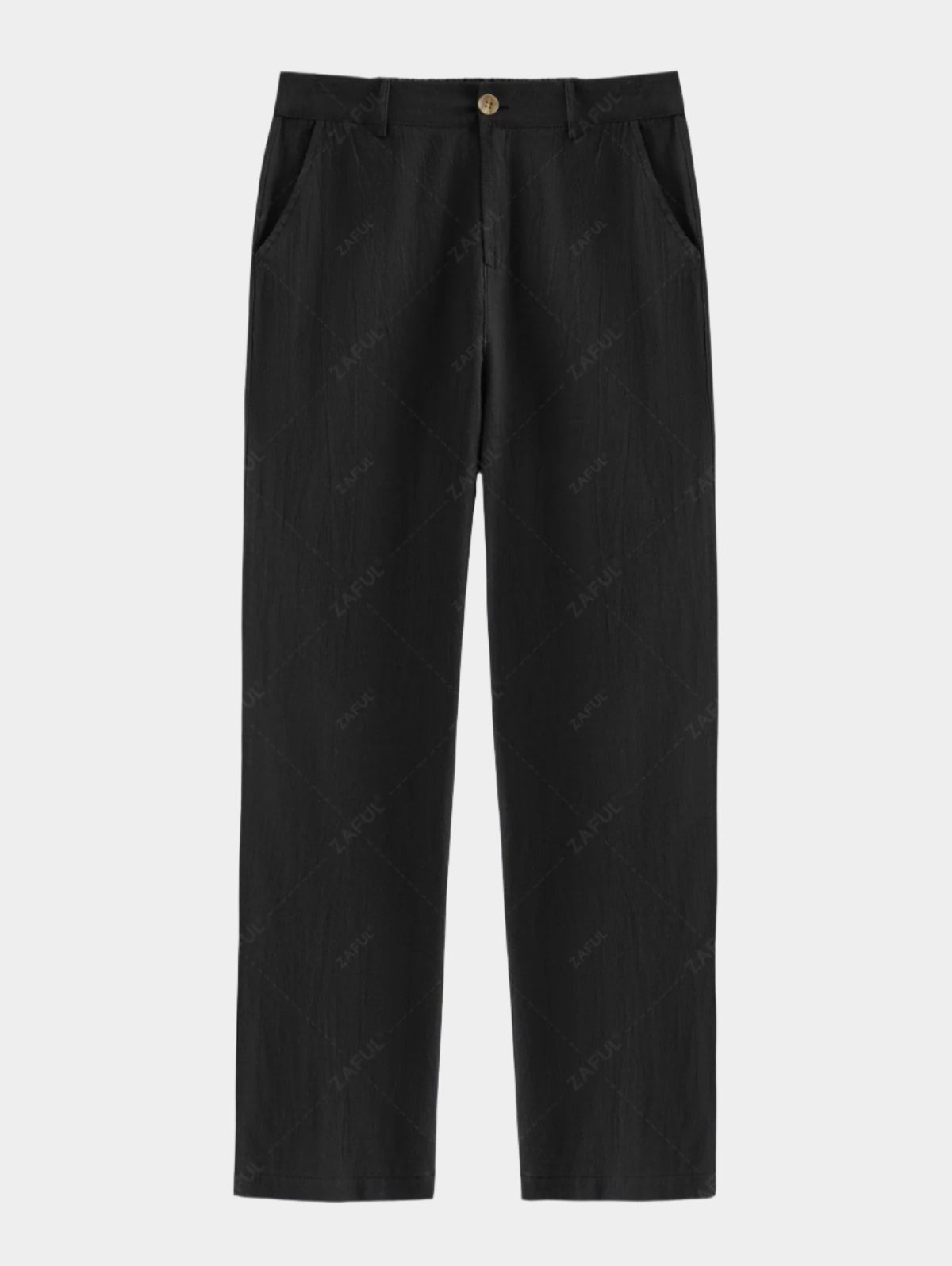Pantalon droit en coton et lin de couleur unie avec fermeture à boutons pour homme