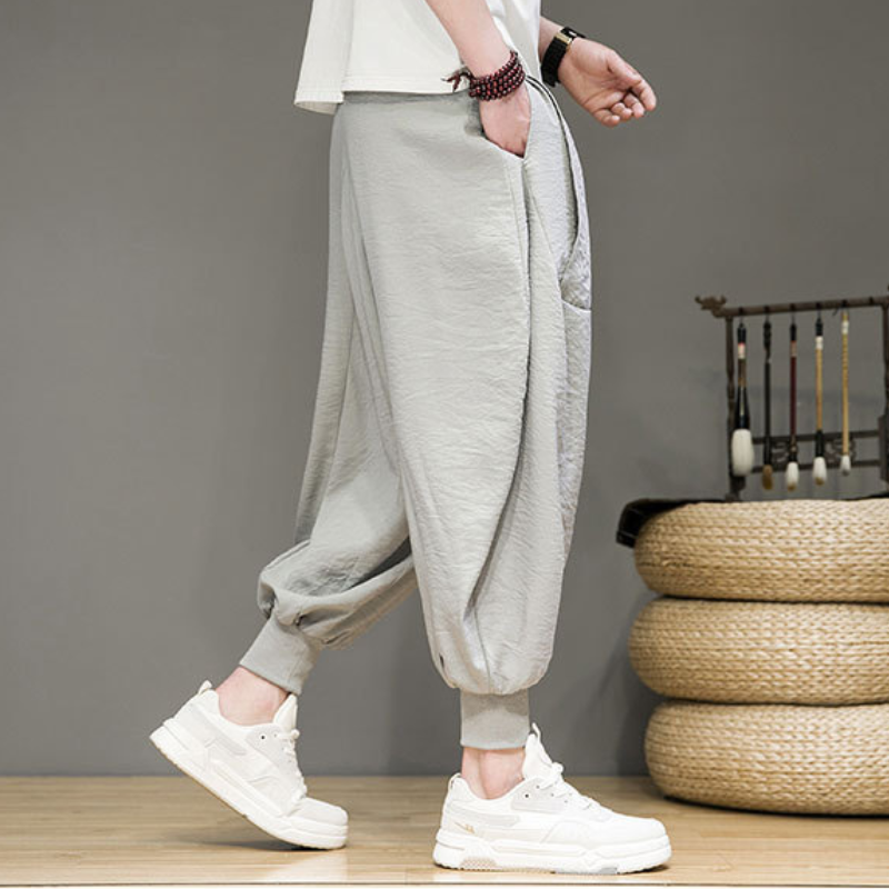 Pantalon de survêtement fuselé respirant en lin et coton avec chevilles élastiques