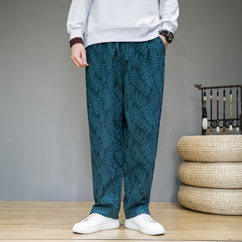 Pantalon de survêtement droit à fleurs en mélange lin-coton – Style urbain pour homme