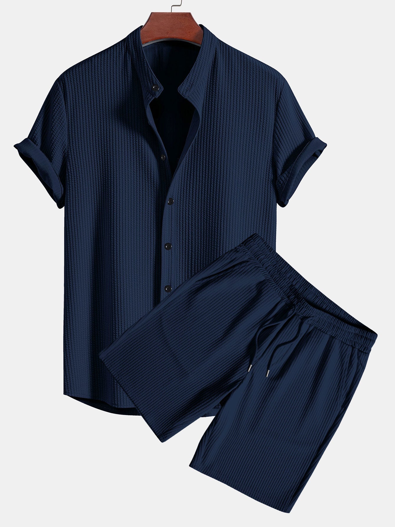 Côtelé coupe ajustée chemise à col montant et short à cordon de serrage deux ensembles