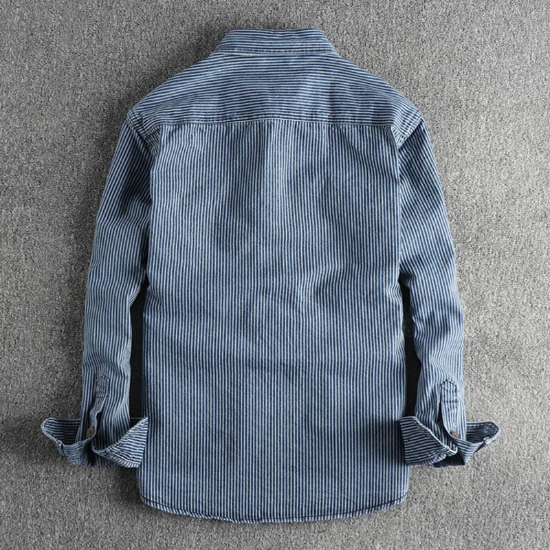 Chemise en jean à rayures vintage pour homme avec boutons et multipoches