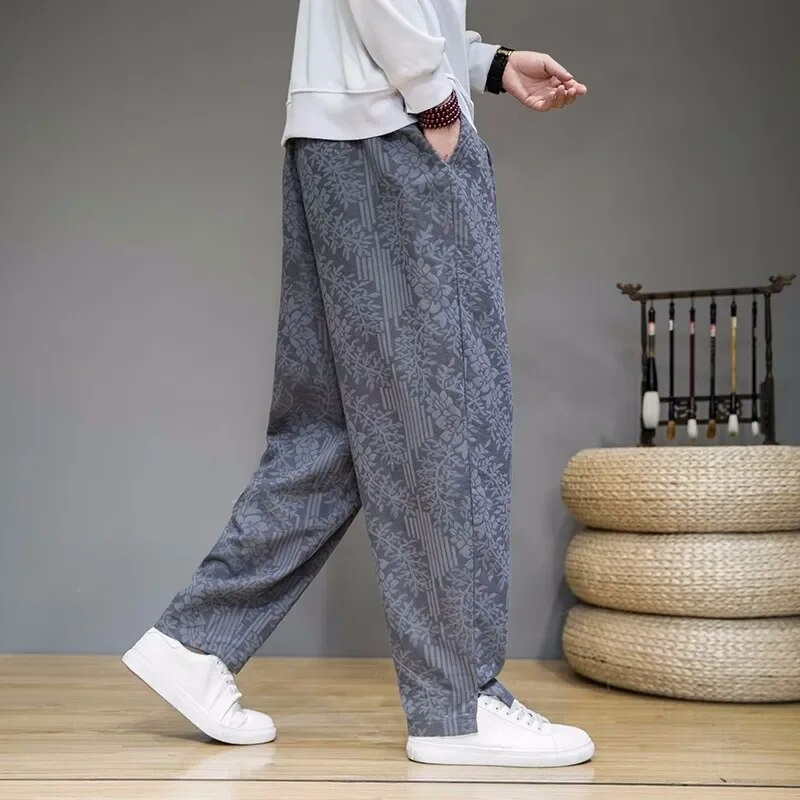 Pantalon de survêtement droit à fleurs en mélange lin-coton – Style urbain pour homme