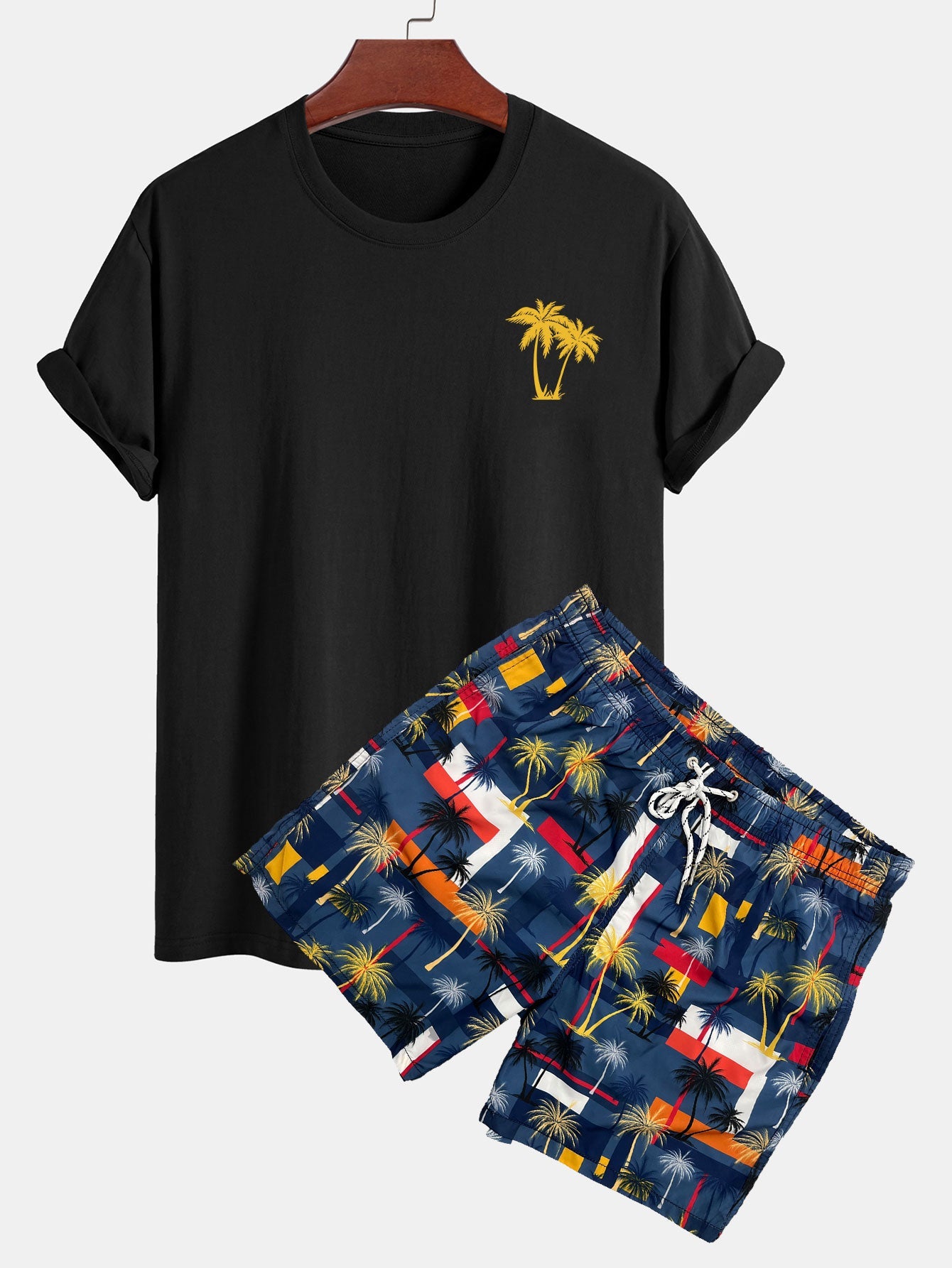 Ensemble t-shirt et short de bain imprimé palmiers – Tenue de plage d'été pour homme