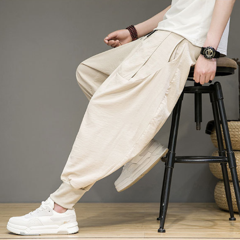 Pantalon de survêtement fuselé respirant en lin et coton avec chevilles élastiques