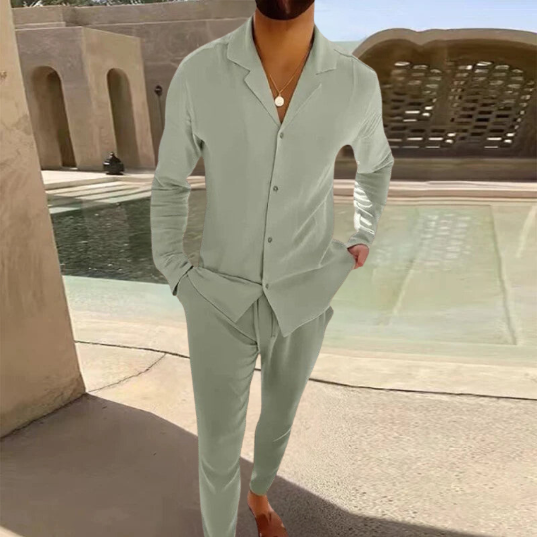 Ensemble Homme Décontracté, Chemise Col Cubain et Pantalon Léger, Style Estival Chic
