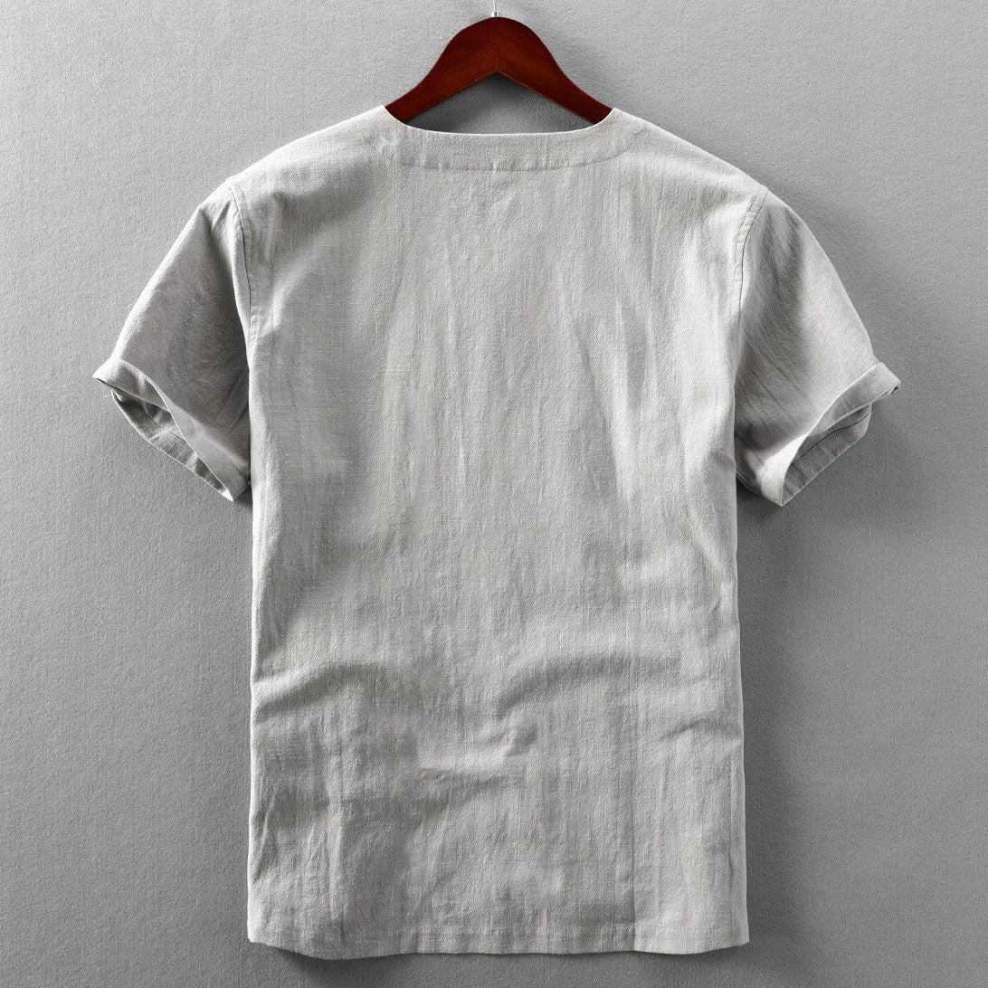 T-shirt d'été en coton et lin à col en V – Chemise décontractée et respirante pour homme