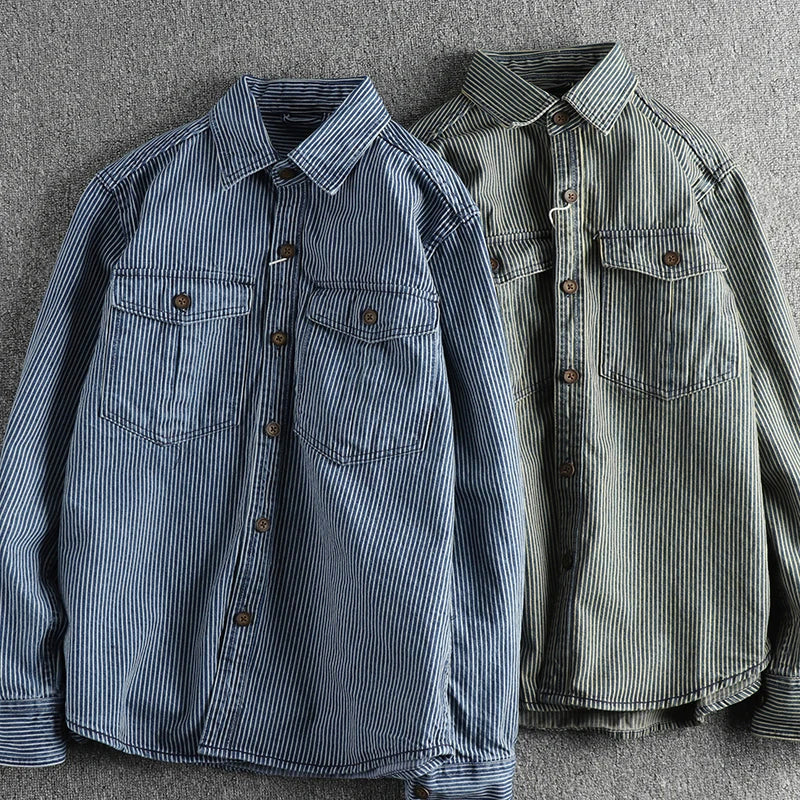 Chemise en jean à rayures vintage pour homme avec boutons et multipoches
