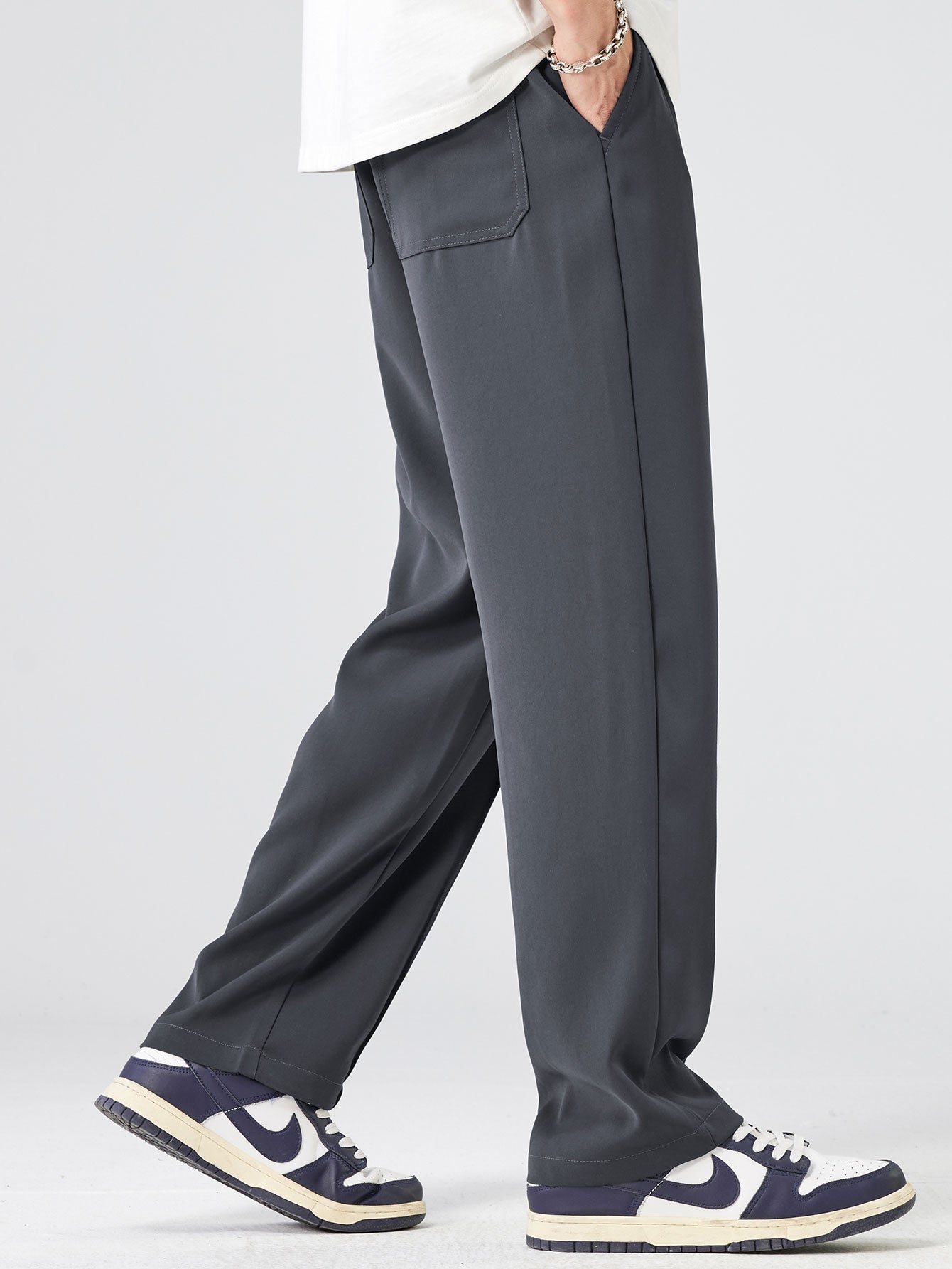 Pantalon droit élégant à simple pli et cordon de serrage pour homme